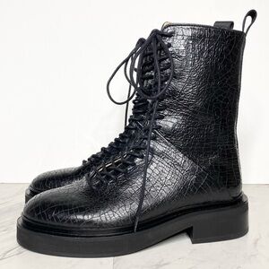 All Saints Mina Black Leather Crocodile Embossed Lace Up Combat Boot 6